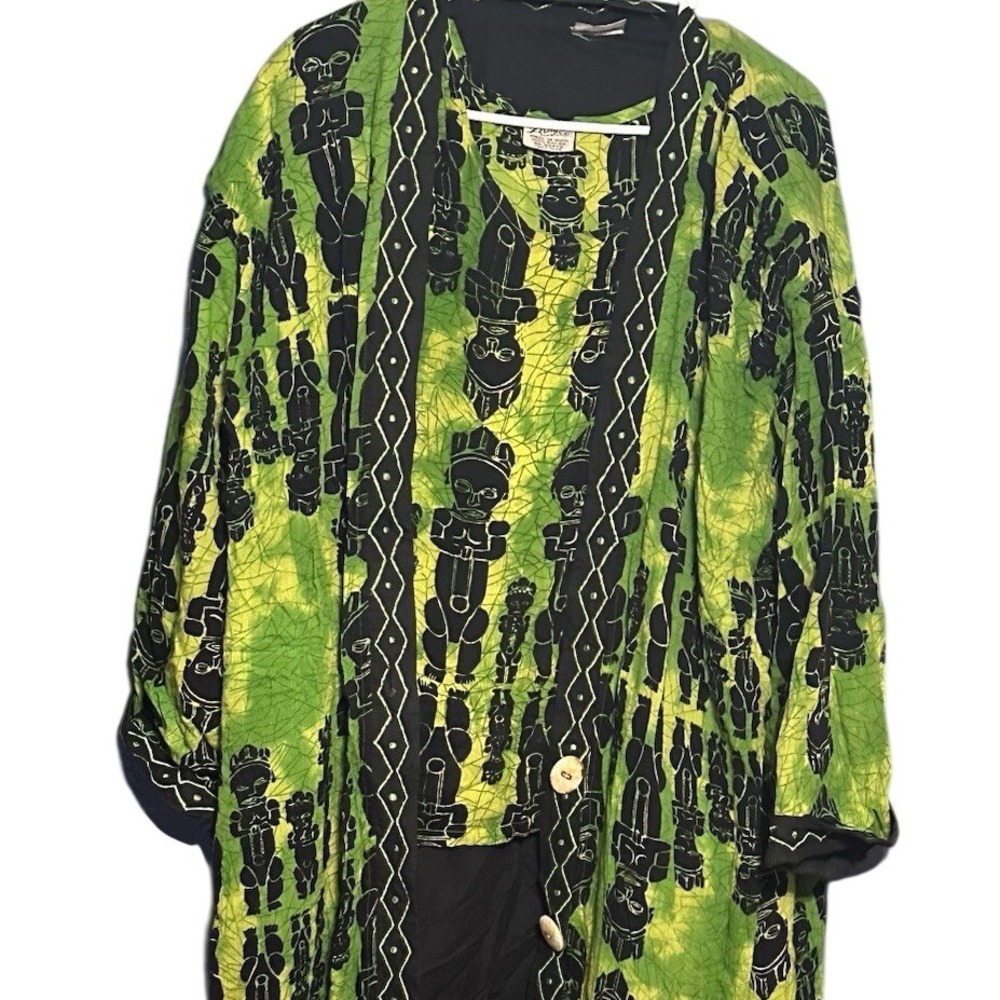 Magic Green Batik Tribal Print 2 Piece Set Duster Kimono and Sleeveless Top OS